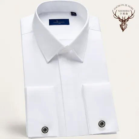 十米布丝光棉长袖法式衬衫男袖扣小方领新郎商务伴郎修身纯棉衬衣商品大图