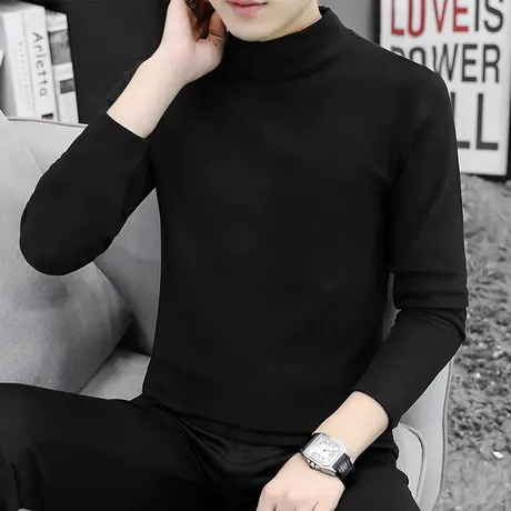 长袖t恤男双面德绒打底衫半高领纯色秋冬季加绒保暖内搭中领秋衣商品大图