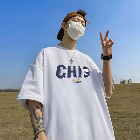 学生夏季新款潮牌短袖日系休闲字母短袖T恤男生ins宽松简约半袖t商品大图