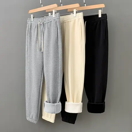 休闲长裤子男秋冬款潮流百搭加绒运动裤九分抽绳小脚束脚黑色卫裤商品大图