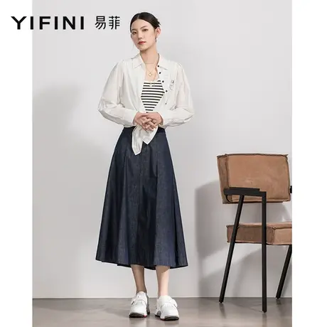 Yifini/易菲高腰显瘦中长款牛仔蓝半身裙女春秋新款休闲A字裙图片