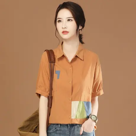 韩潮袭人高级感拼接短袖衬衫上衣女2023夏季新款法式休闲百搭衬衣商品大图