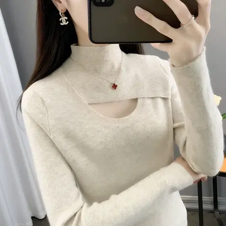 半高领毛衣女打底衫2023秋冬新款套头内搭镂空上衣外穿镂空针织衫商品大图