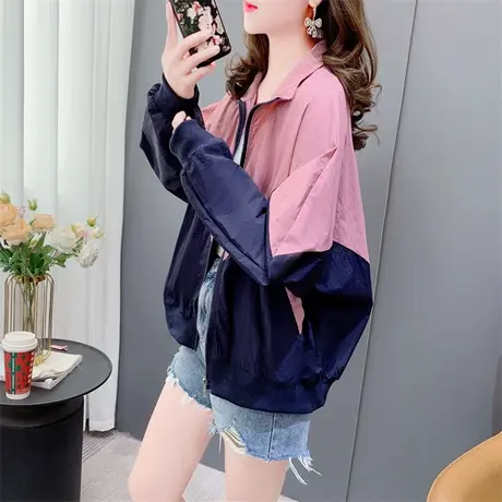 韩版撞色拼接工装外套女春夏2023新款宽松时尚休闲短款防晒服上衣商品大图