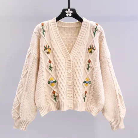 复古温柔风刺绣毛衣外套女秋冬2023新款宽松外穿洋气短款针织开衫商品大图