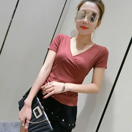 性感深V领T恤女短袖2023夏装新款欧美气质显胸上衣修身百搭小衫潮商品大图