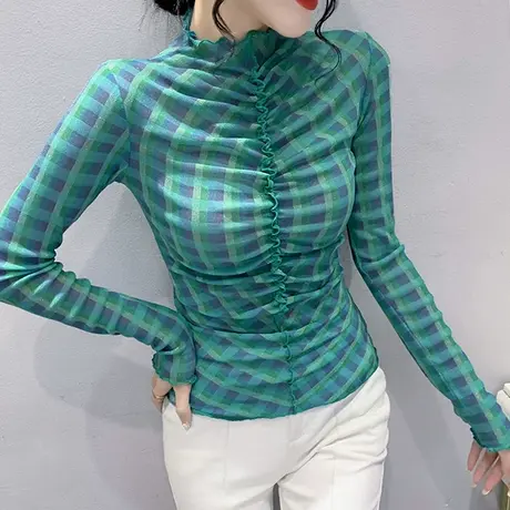 拼色格子上衣女长袖网红洋气半高领打底衫内搭性感网纱木耳边T恤商品大图