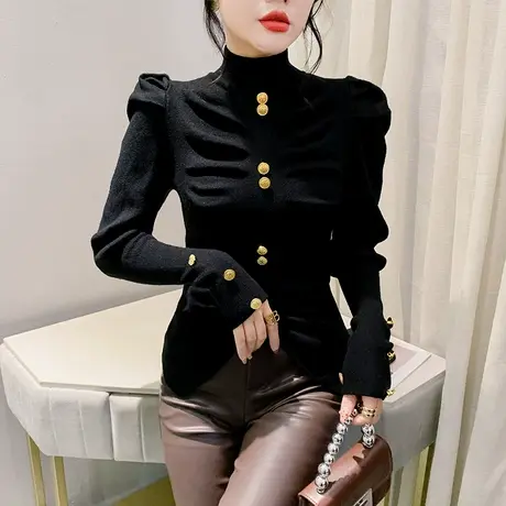 时尚高领泡泡袖针织衫性感纽扣拼接开叉上衣洋气修身套头减龄毛衣商品大图