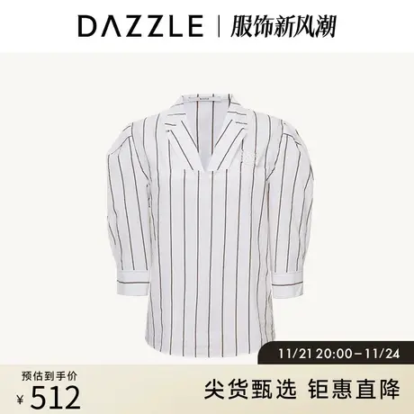 DAZZLE地素奥莱 春夏法式气质条纹V领棉麻短袖衬衫衬衣上衣女图片