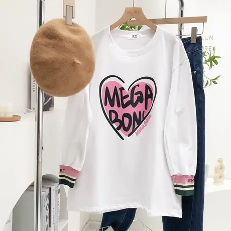2022早春新款韩国东大门爱心字母撞色针织袖磨毛加绒T恤欧货大码图片
