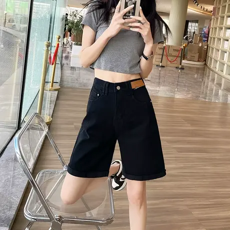 高腰牛仔短裤女夏季薄款2023新款宽松显瘦直筒卷边阔腿a字五分裤商品大图