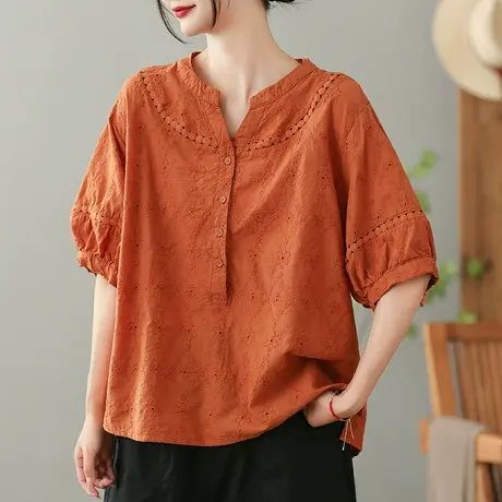 dza复古钩花亚麻衬衫女2023夏季薄款白色衬衣宽松棉麻V领套头上衣商品大图