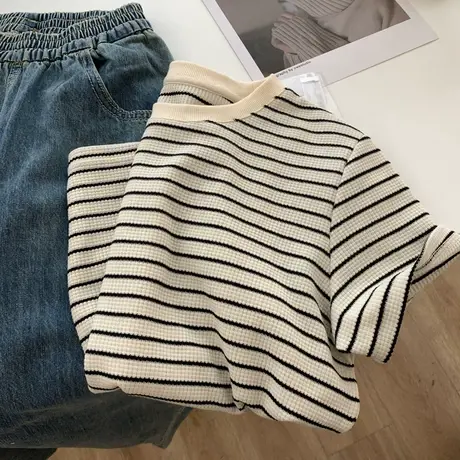 日系复古文艺华夫格圆领条纹短袖T恤女宽松慵懒风百搭打底衫夏季商品大图