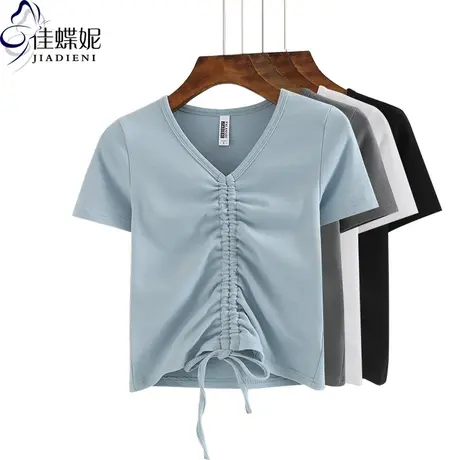 夏v领女超短款高腰露脐抽绳上衣打底衫内搭小心机性感短袖T恤图片