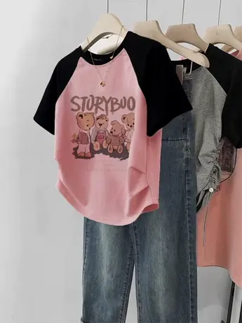 胖mm夏日插肩袖T恤女辣妹短款上衣复古设计感小众ins潮牌正肩短袖商品大图