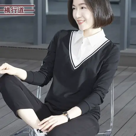 翻领假两件宽松长袖T恤女装纯色大码妈妈2024新款春装莫代尔上衣商品大图