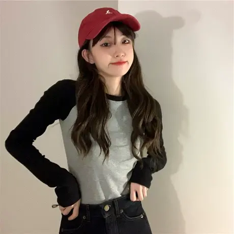 正肩t恤女长袖2024早秋季新款撞色修身打底衫内搭短款春秋冬上衣图片