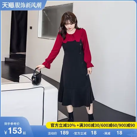 2024年春季新款娃娃领减龄拼接假两件连衣裙长款遮肉显瘦大码胖mm商品大图