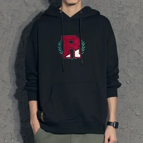 奕飏植绒设计宽松连帽卫衣男秋季2019新款春秋款刺绣套头卫衣潮牌商品大图