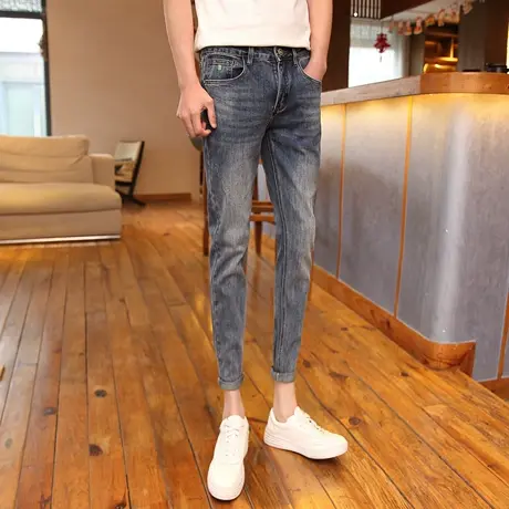 2023春季新款简约刺绣小脚裤个性磨白铅笔牛仔裤男潮简约青年长裤商品大图