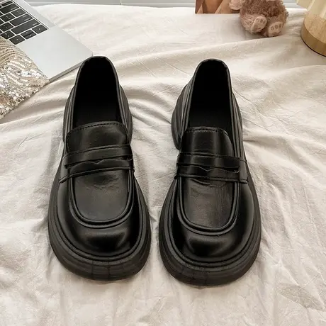 黑色厚底乐福鞋女2023新款复古英伦风百搭jk小皮鞋一脚蹬松糕单鞋图片