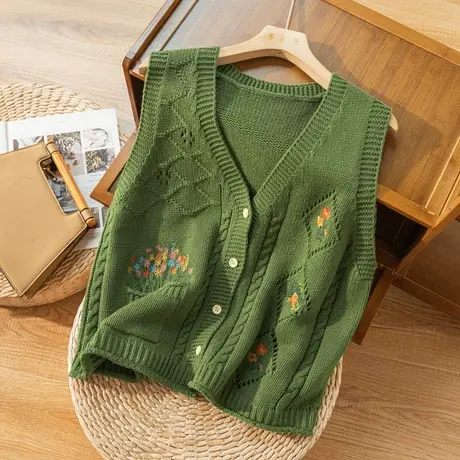 全棉针织马夹背心刺绣绣花文艺复古棉线马甲外搭春秋宽松2022新款商品大图