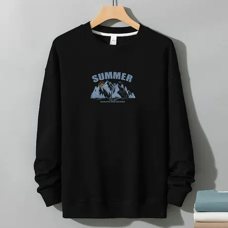 350g重磅黑色卫衣男潮牌秋冬款套头无帽上衣潮流印花圆领长袖t恤图片