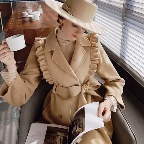 粉红大布娃娃时尚荷叶边显瘦双面呢大衣长款羊毛收腰外套秋冬女图片