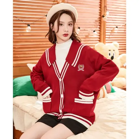 唐狮毛衣女秋冬新撞色领长袖开衫毛线衫慵懒风过年红色毛衣外套图片