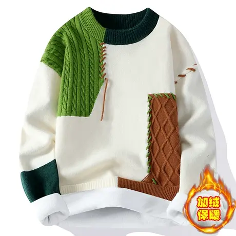秋冬季设计感拼接个性圆领加绒加厚毛衣潮牌撞色美式慵懒风针织衫图片