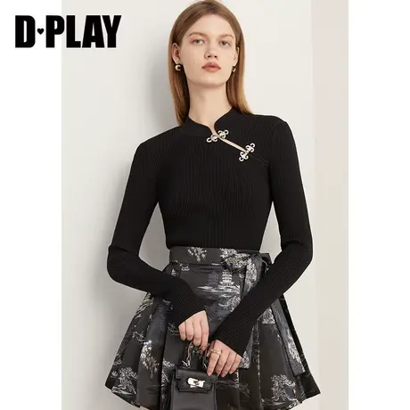 DPLAY2025春季复古新中式立领盘扣国风黑色毛衣女针织打底衫上衣图片