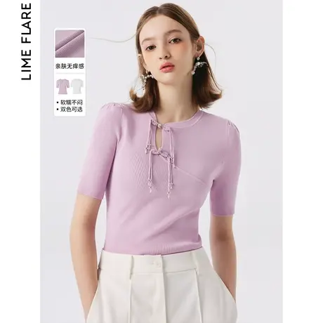 朗姿莱茵镂空设计感新中式2023夏季新款小众别致针织短袖高级感女图片