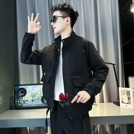 青年男士立领工装大口袋外套春秋新休闲痞帅机车夹克简约时尚上衣商品大图