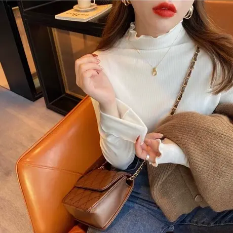 半高领打底衫女内搭早春季2024年新款修身洋气木耳边长袖T恤上衣商品大图