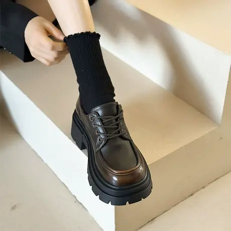 英伦风厚底小皮鞋女春秋2024新款复古系带松糕单鞋子小个子乐福鞋商品大图