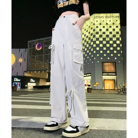 唐狮美式复古工装裤女夏高腰显瘦宽松阔腿裤降落伞裤休闲裤子1.13商品大图