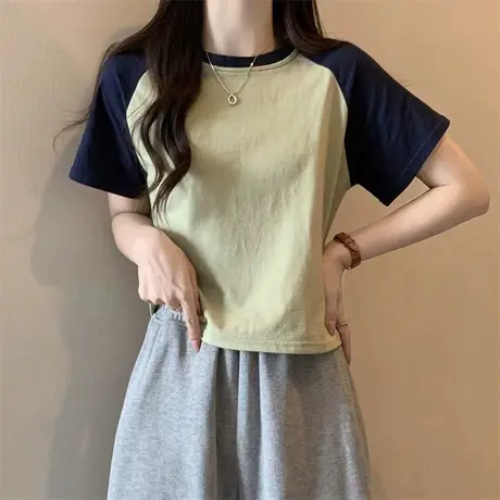 纯棉闺蜜装半袖T恤女夏装2025年新款撞色插肩短袖打底衫内搭上衣图片