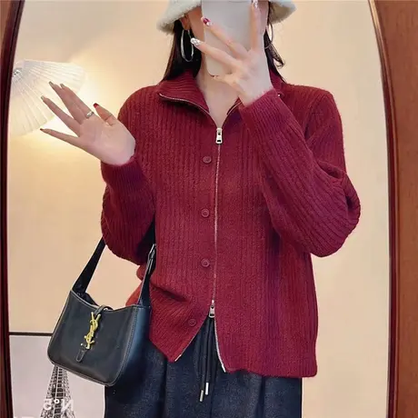 2024春装新款红色拉链针织开衫毛衣外套秋冬2023短款内搭打底衫女图片