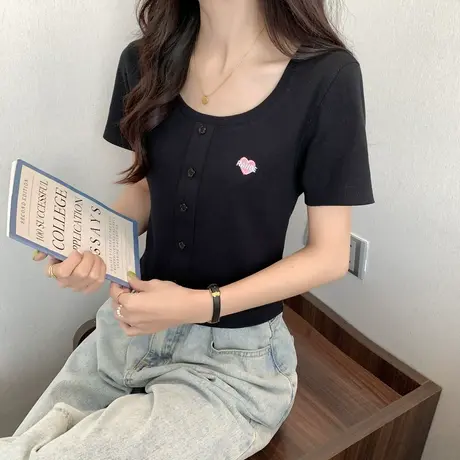 唐狮低领锁骨小衫设计感春夏季黑色短款宽松休闲上衣女独特别致图片