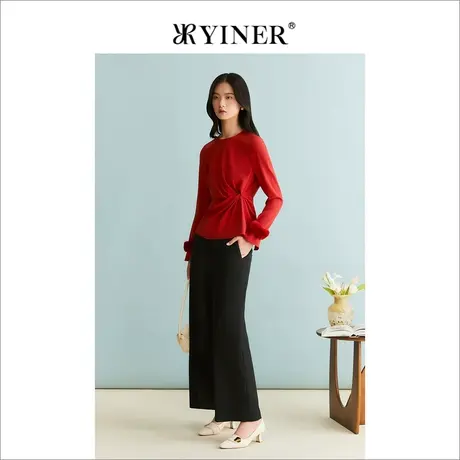 【中国红】YINER音儿女装冬季醋酸貂皮袖带收褶安可拉红衬衫图片