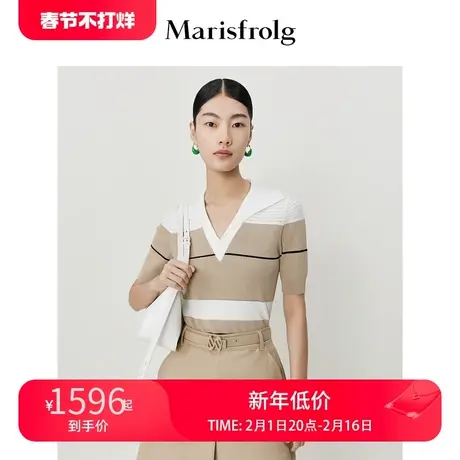 【轻薄舒适】玛丝菲尔夏新款卡其色条纹镂空设计polo领衬衫针织商品大图