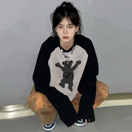 插肩袖纯棉长袖t恤女秋季2023新款圆领宽松小众设计感打底衫上衣商品大图