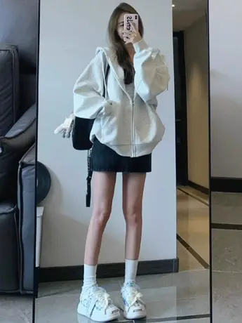 开衫卫衣外套女2024新款秋冬加绒连帽宽松美式复古港风chic上衣服图片