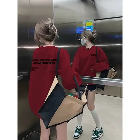 重磅潮牌落肩宽松圆领酒红色卫衣女2024新款春秋季加绒款显瘦衣服图片