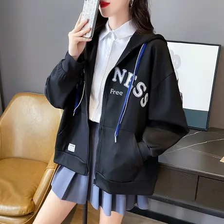 唐狮春秋季双抽绳连帽外套女新款宽松上衣韩版字母学院风百搭潮图片