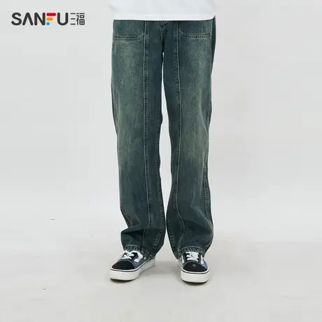 三福2024春季男士宽松直筒牛仔裤 时尚潮流拼接压线长裤484621商品大图