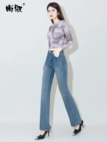 蓝色弹力高腰牛仔喇叭裤2024年春季新款高端微喇裤显高显瘦女裤子图片