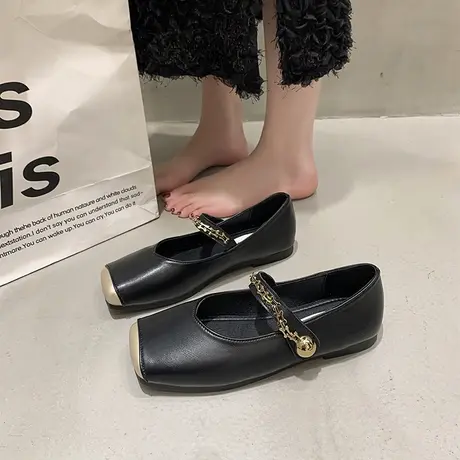 一字扣方头单鞋女2024新款鞋子法式玛丽珍女鞋黑色小香晚风平底鞋商品大图