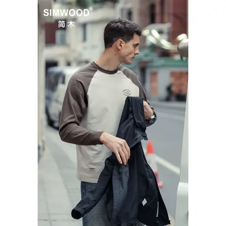 Simwood简木男装【宽松版型】秋装新品280g圆领套头撞色长袖T恤男商品大图
