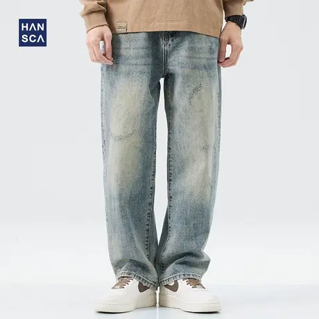 hansca直筒牛仔裤男秋冬新款复古美式宽松潮流休闲大码拖地长裤子商品大图